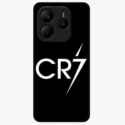 Cr7 Elite Strike Glass Case showing flat back view with dynamic football inspired artwork and glossy glass finish.