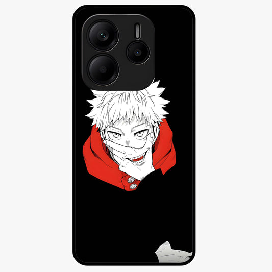 Crimson Chaos Smile Glass Case showing flat back view with bold chaotic smile artwork and glossy glass finish.