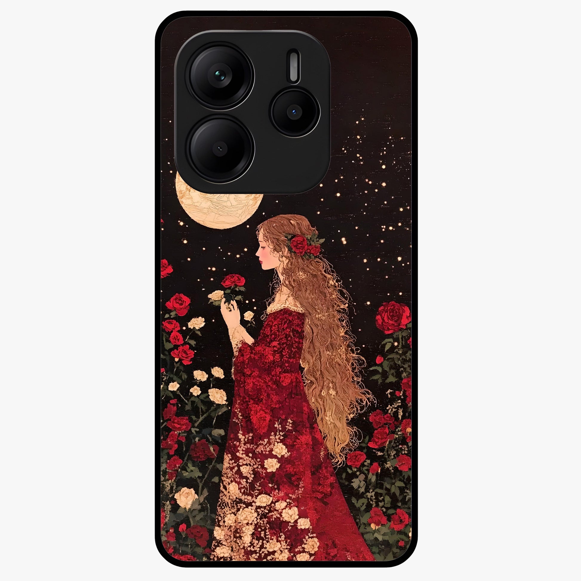 Crimson Dreams Glass Case showing flat back view with dreamy crimson artwork and glossy glass finish.