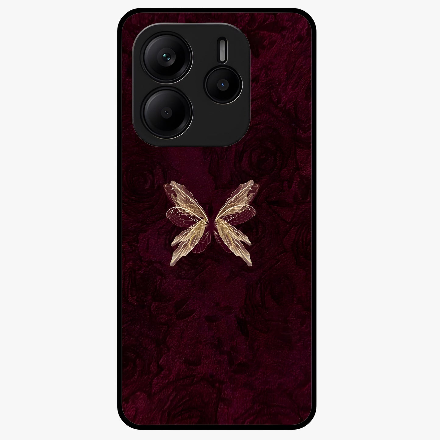 Crimson Fade Butterfly Glass Case showing flat back view with fading butterfly artwork and glossy glass finish.