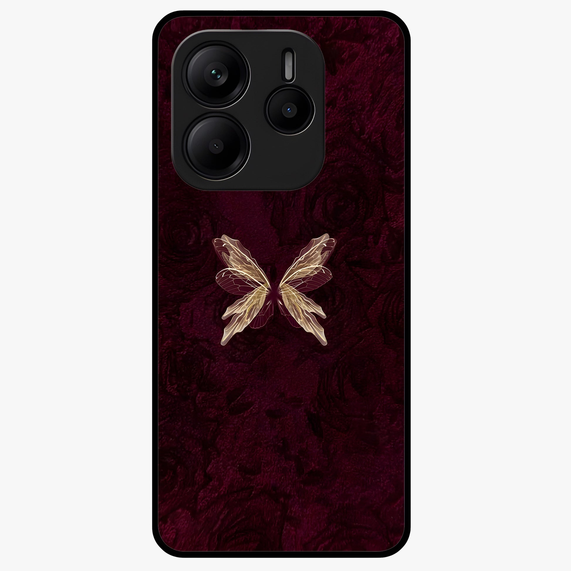 Crimson Fade Butterfly Glass Case showing flat back view with fading butterfly artwork and glossy glass finish.