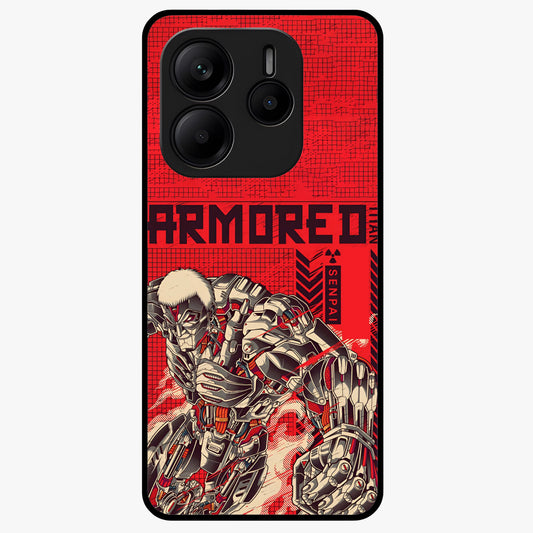 Crimson Mecha Titan Glass Case showing flat back view with powerful mech titan artwork and glossy glass finish.