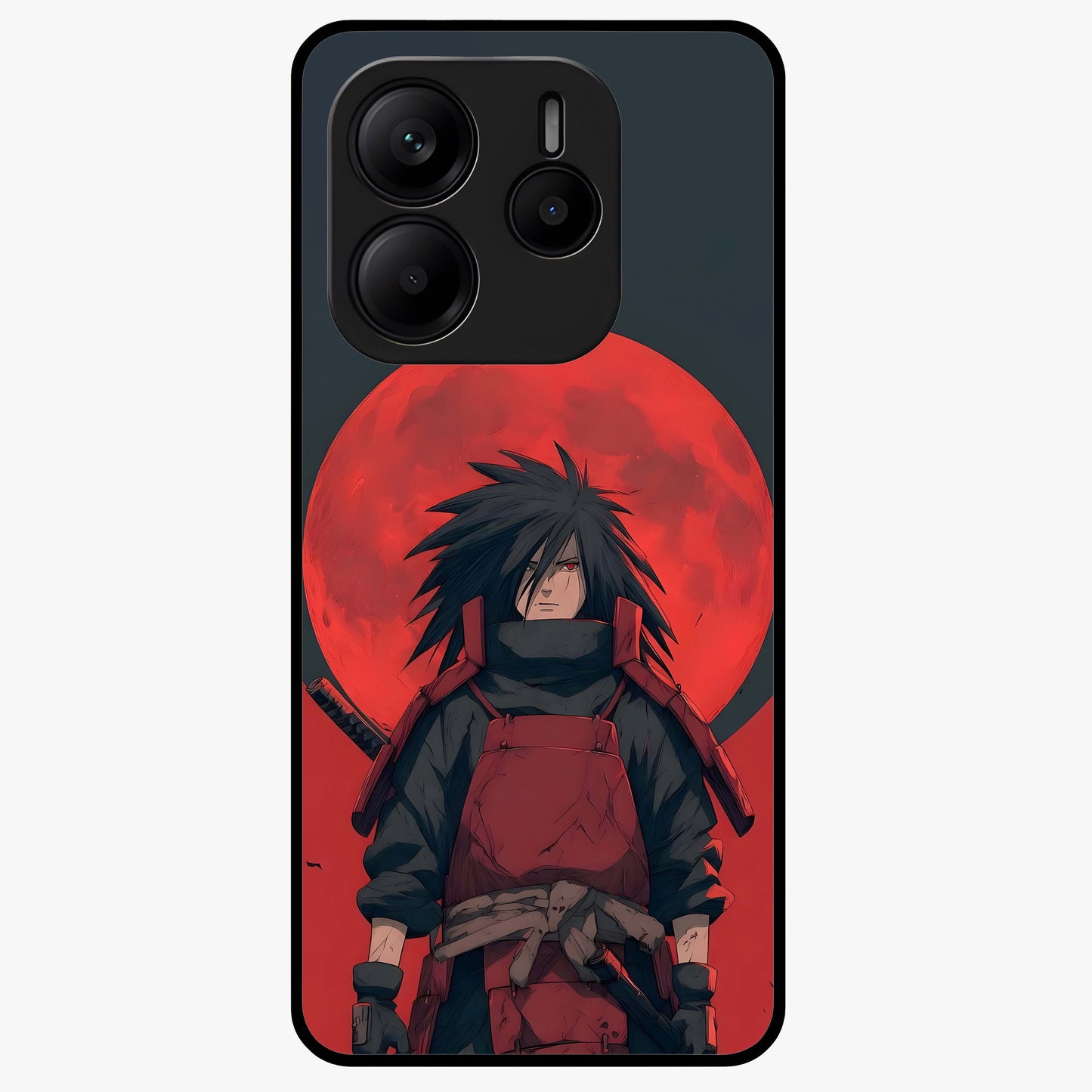 Crimson Moon Warlord Glass Case showing flat back view with mystical moon warrior artwork and glossy glass finish.