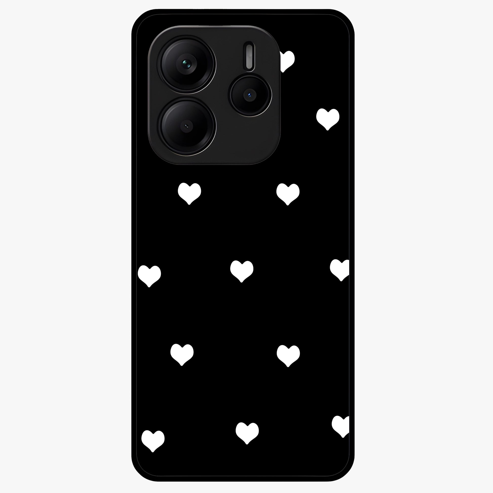 Cute And Simple White Hearts Glass Case showing flat back view with minimal white heart pattern and glossy glass finish.