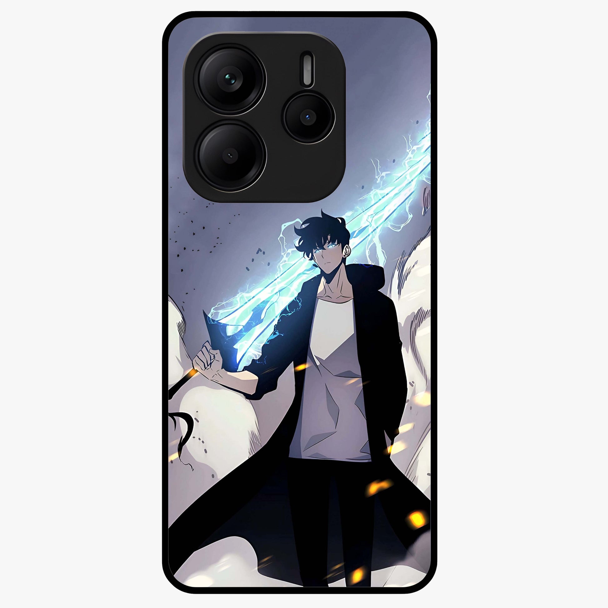 Dark Lightning Anime Warrior Glass Case showing flat back view with intense anime warrior artwork and glossy glass finish.