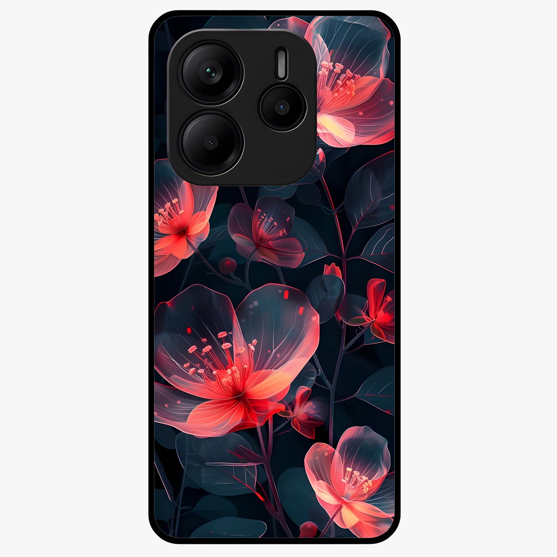 Dark Shade of Flower Glass Case showing flat back view with elegant dark floral artwork and glossy glass finish.