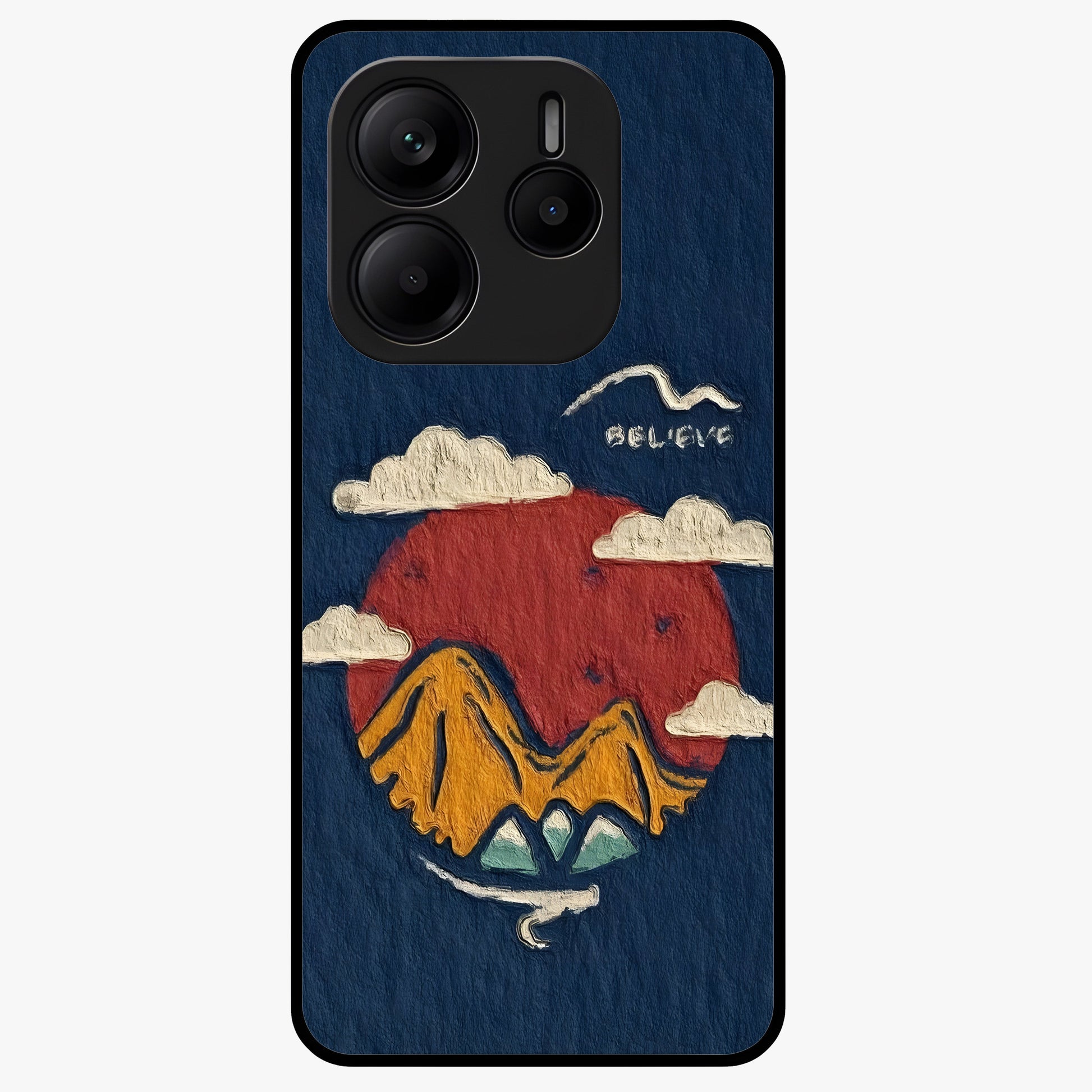 Dream Beyond Mountains Glass Case showing flat back view with scenic mountain landscape artwork and glossy glass finish.