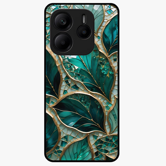 Emerald Leaf Glass Glass Case showing flat back view with emerald green leaf artwork and glossy glass finish.