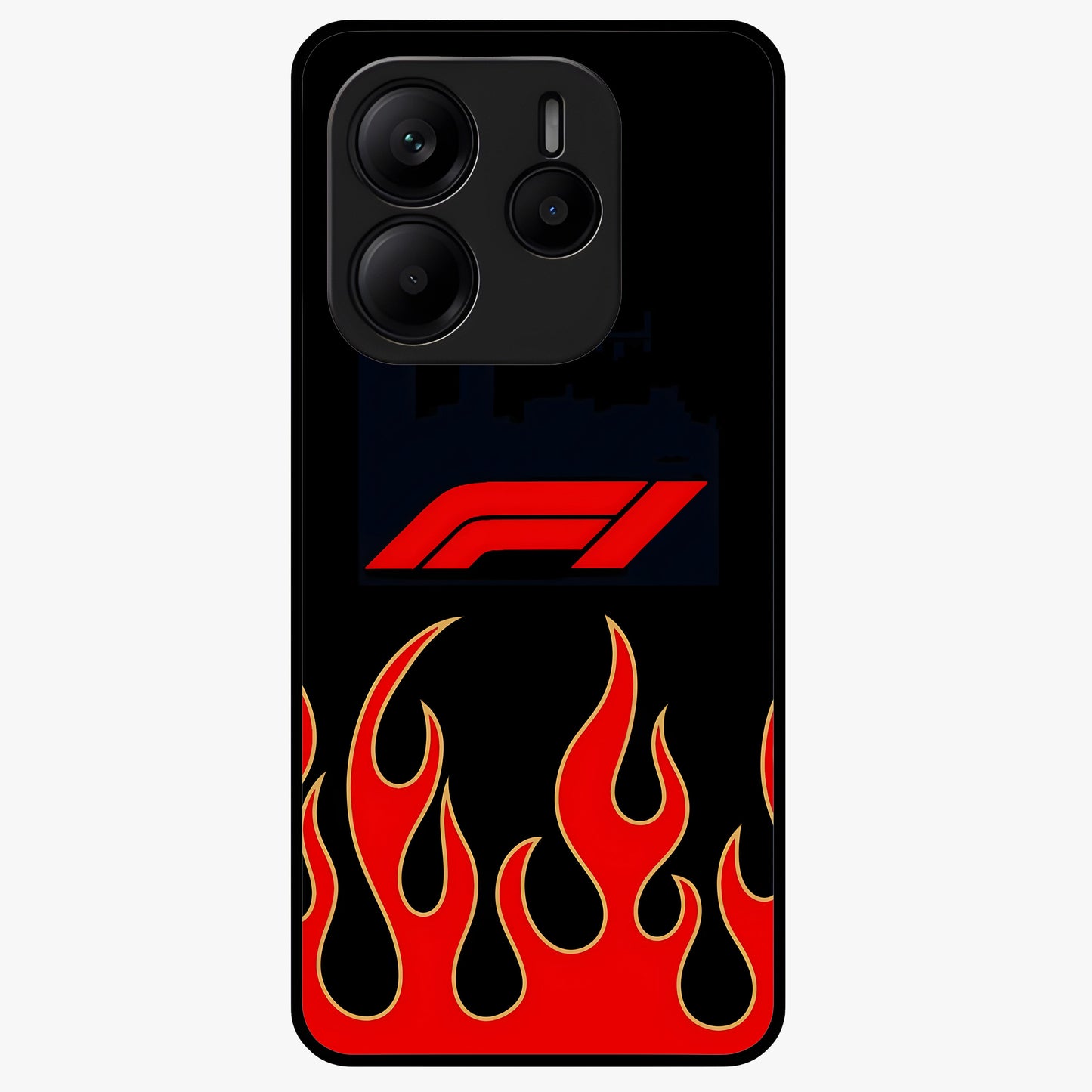 Fire F11 Glass Case showing flat back view with fiery themed artwork and glossy glass finish.