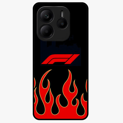 Fire F11 Glass Case showing flat back view with fiery themed artwork and glossy glass finish.