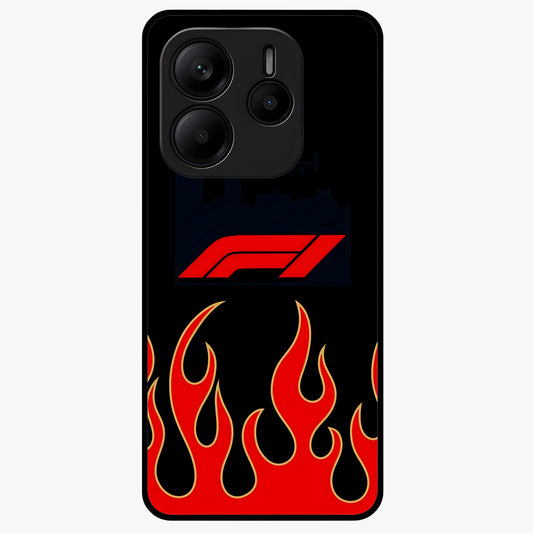 Fire F11 Glass Case showing flat back view with fiery themed artwork and glossy glass finish.