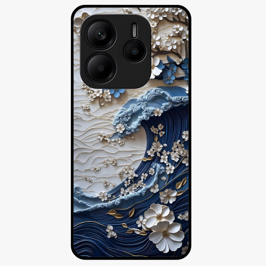 Floral Wave Origami Glass Case showing flat back view with origami inspired floral wave artwork and glossy glass finish.