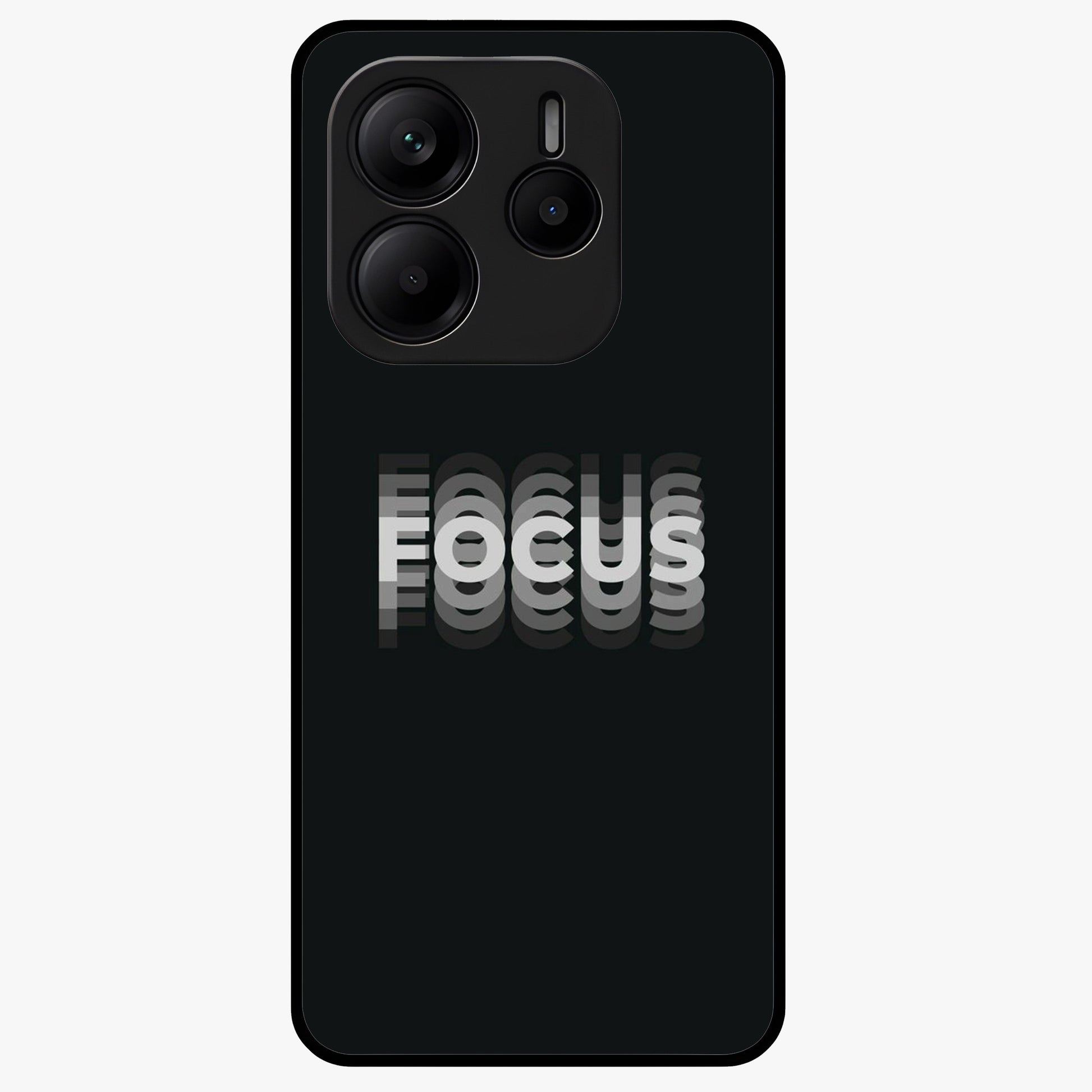 Focus Mode On Glass Case showing flat back view with bold motivational typography design and glossy glass finish.