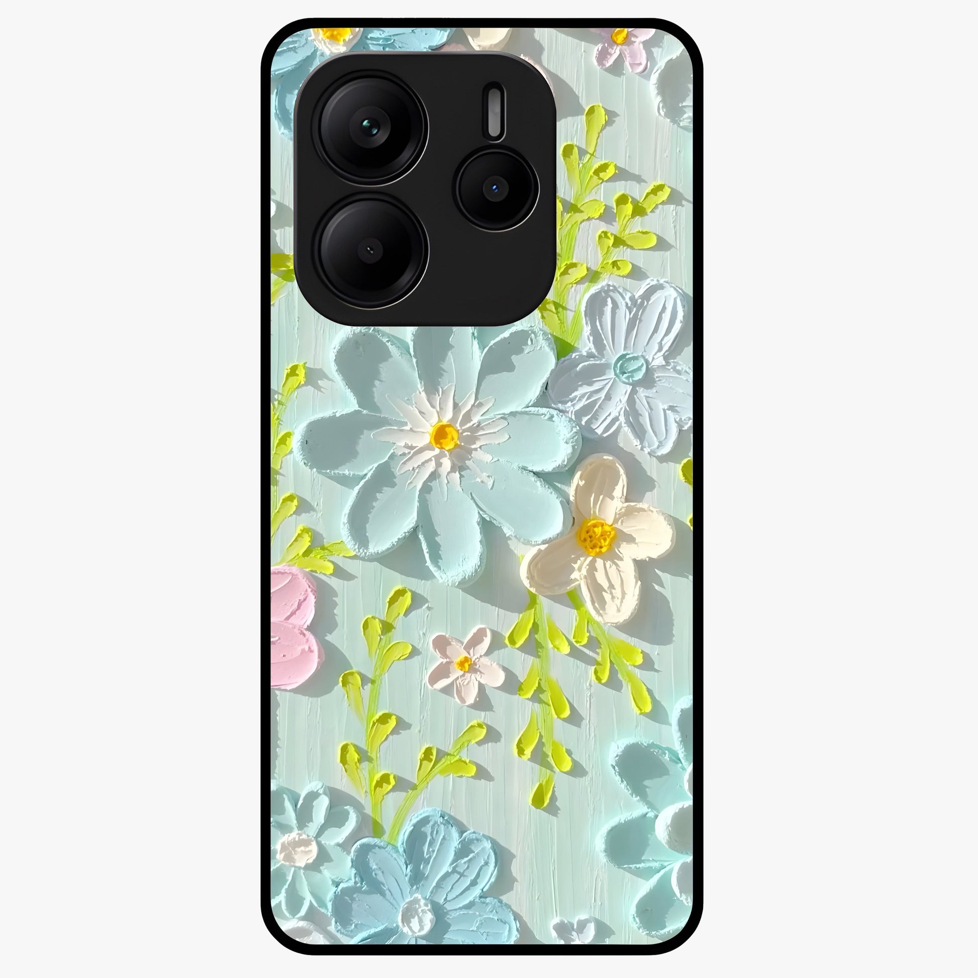 Frosted Petal Garden Glass Case showing flat back view with soft frosted floral artwork and glossy glass finish.