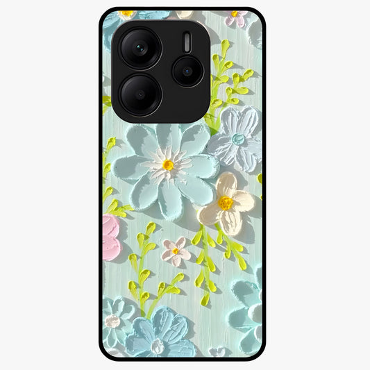 Frosted Petal Garden Glass Case showing flat back view with soft frosted floral artwork and glossy glass finish.