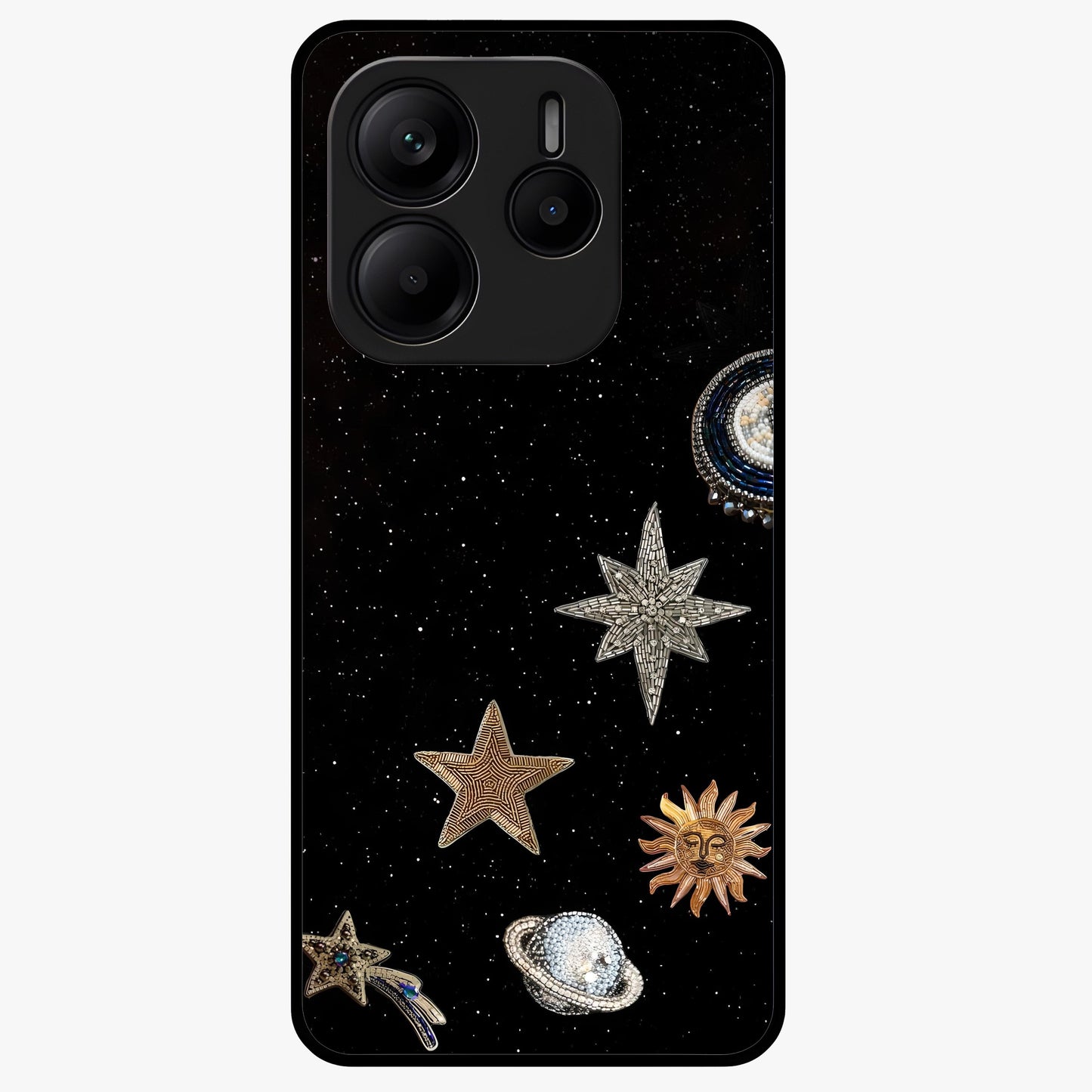 Galactic Charm Glow Glass Case showing flat back view with glowing celestial charm artwork and glossy glass finish.