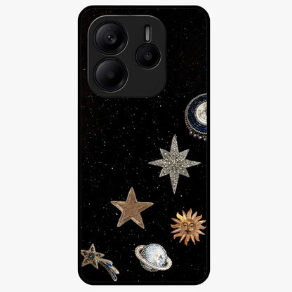 Galactic Charm Glow Glass Case showing flat back view with glowing celestial charm artwork and glossy glass finish.