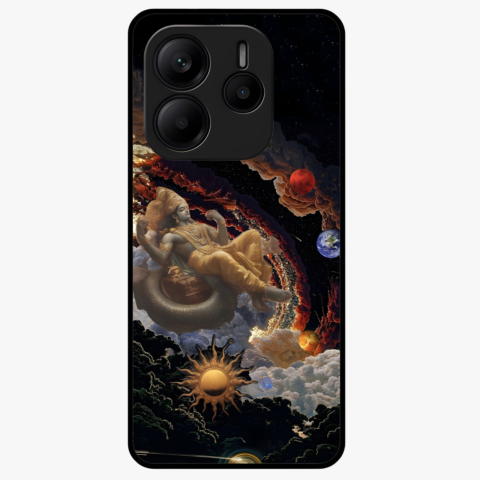 Galactic Divine God Glass Case showing flat back view with divine cosmic themed artwork and glossy glass finish.