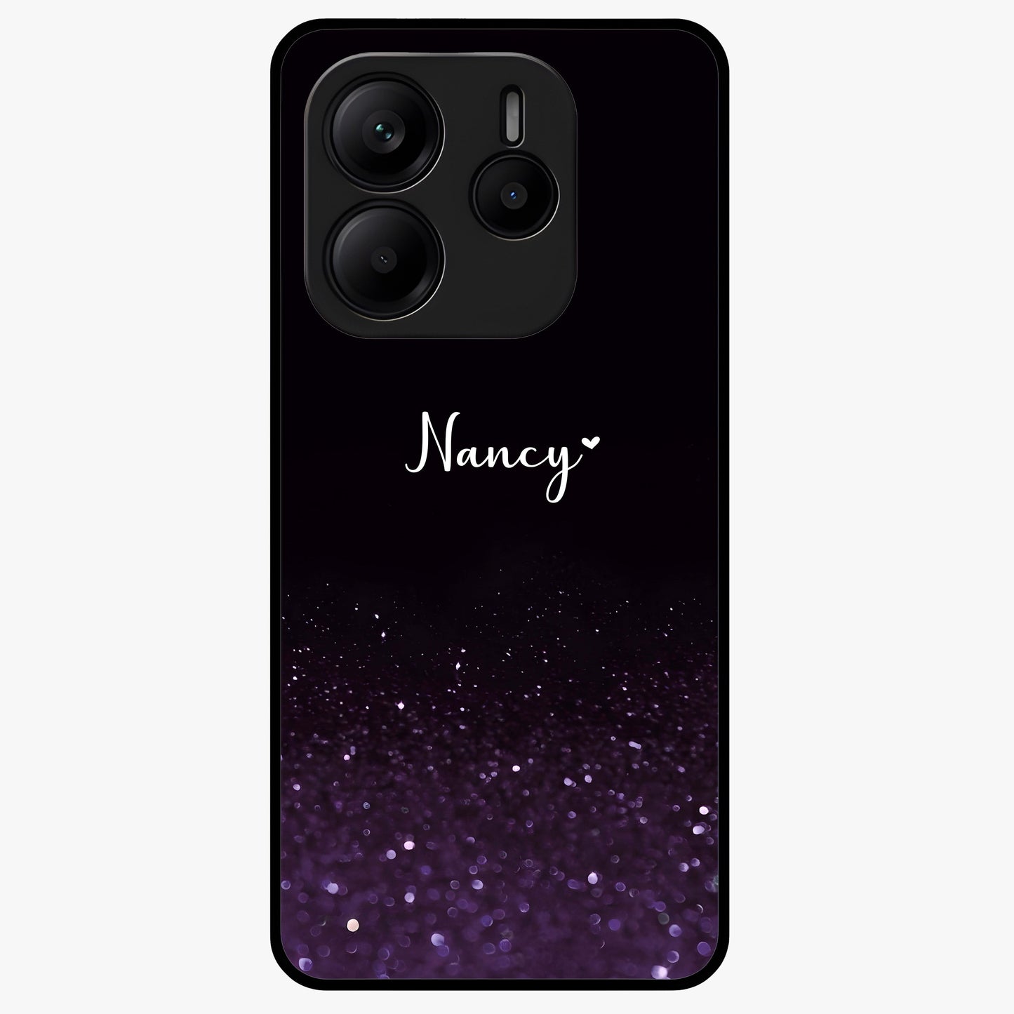 Glittery Purple Bokeh Custom Name Glass Case showing flat back view with purple bokeh sparkle artwork and personalized name design.