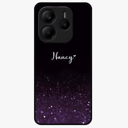 Glittery Purple Bokeh Custom Name Glass Case showing flat back view with purple bokeh sparkle artwork and personalized name design.