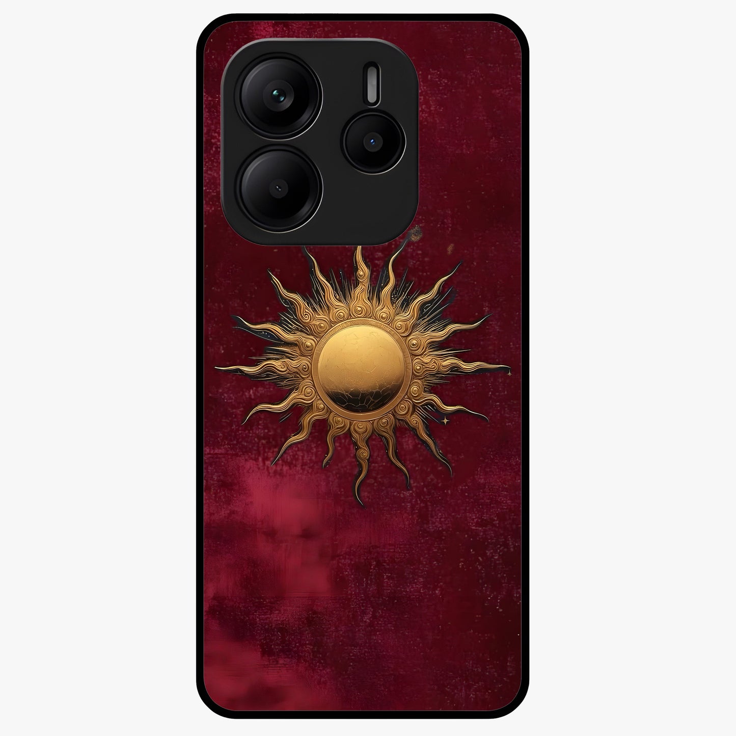 Gold Sun Blush Glass Case showing flat back view with golden sun inspired artwork and glossy glass finish.