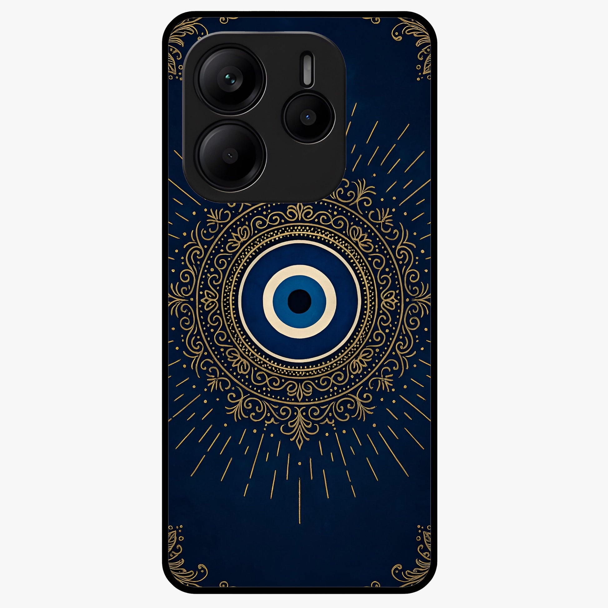Golden Evil Eye Mandala Glass Case showing flat back view with intricate evil eye mandala artwork and glossy glass finish.