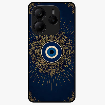 Golden Evil Eye Mandala Glass Case showing flat back view with intricate evil eye mandala artwork and glossy glass finish.