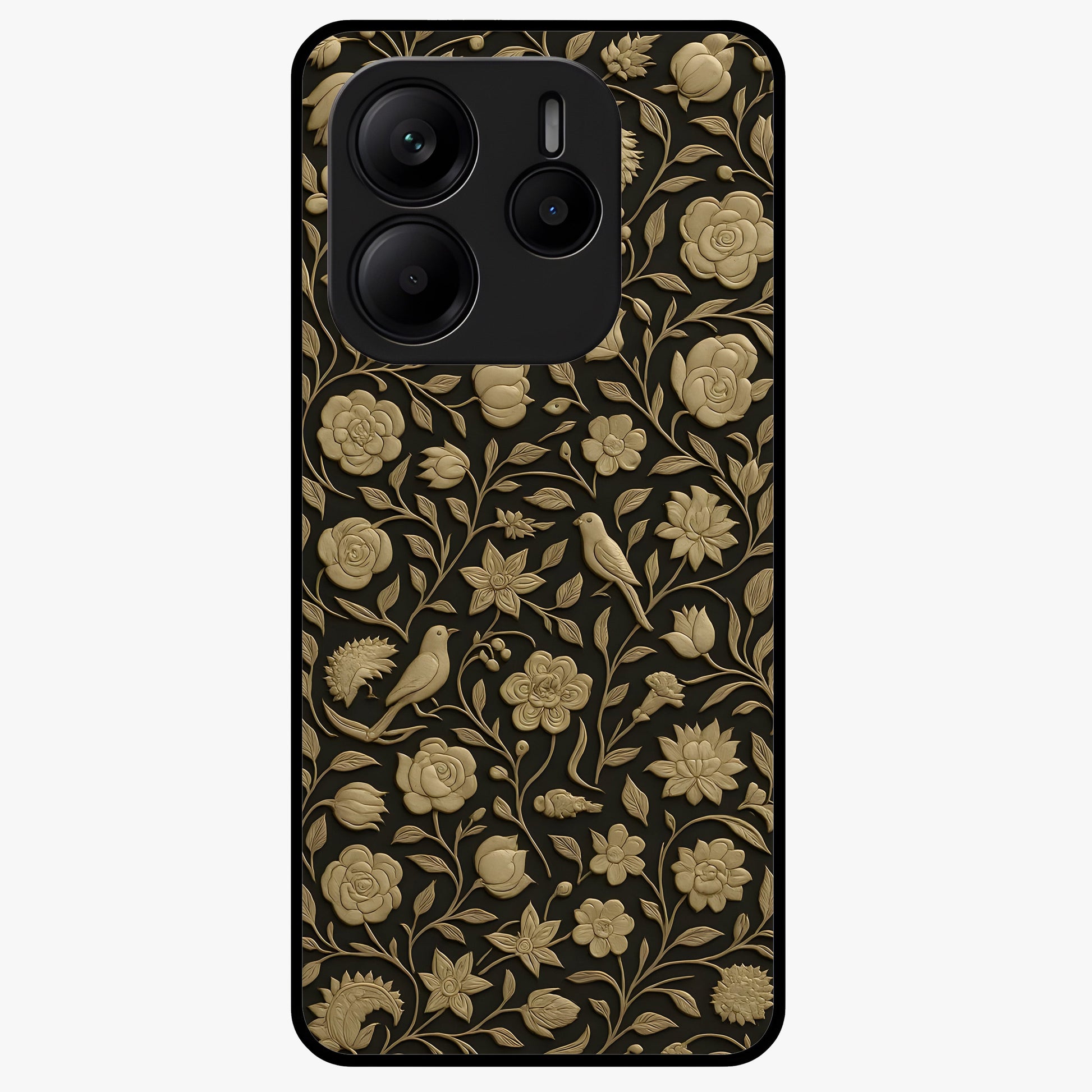 Golden Floral Majesty Glass Case showing flat back view with luxurious golden floral artwork and glossy glass finish.