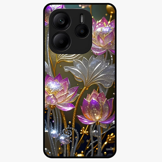 Golden Lotus Glow Glass Case showing flat back view with glowing lotus flower artwork and glossy glass finish.