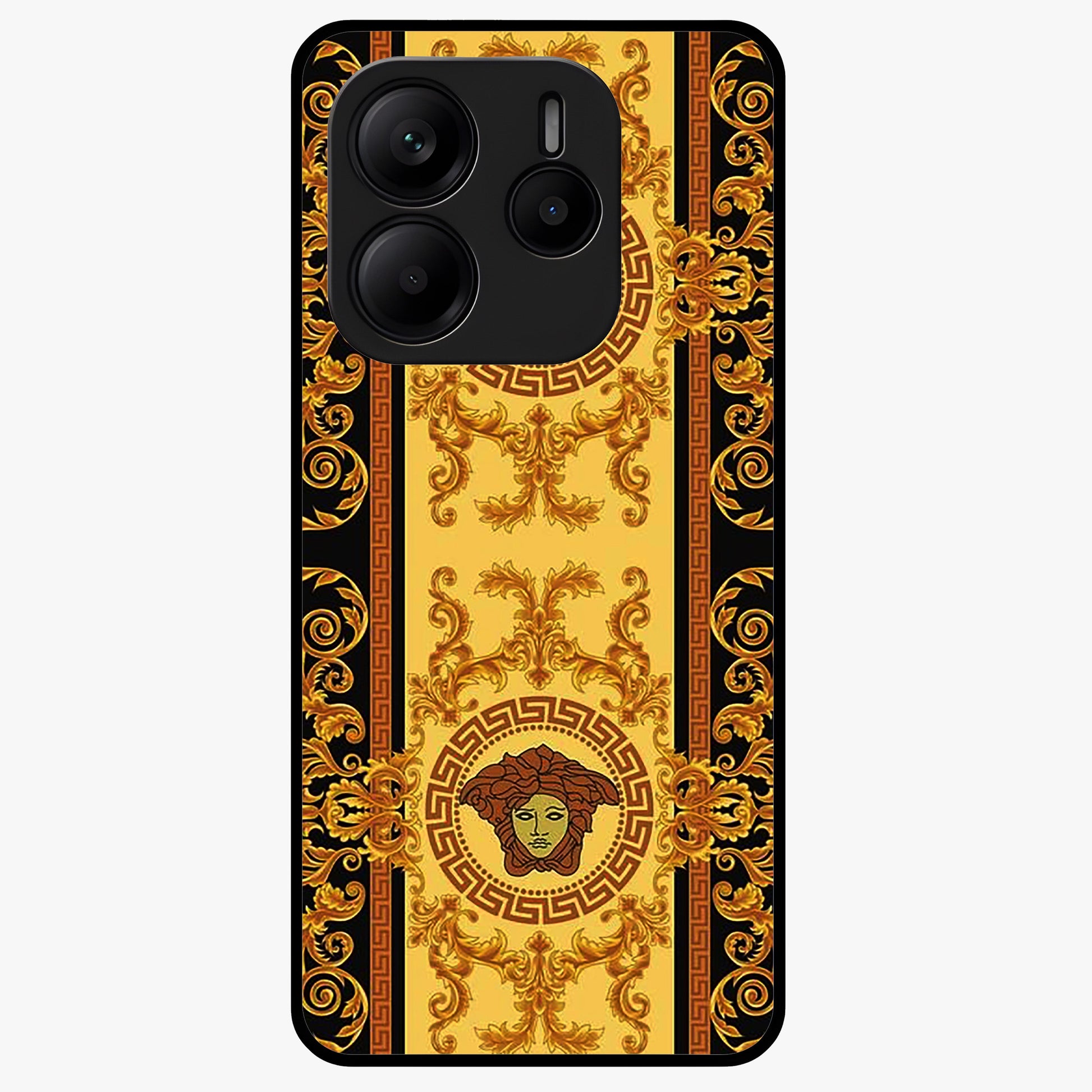 Golden Royal Heritage Glass Case showing flat back view with ornate royal pattern artwork and glossy glass finish.