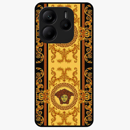 Golden Royal Heritage Glass Case showing flat back view with ornate royal pattern artwork and glossy glass finish.