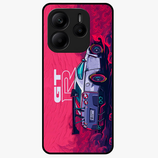 GT-R Car Pattern Glass Case showing flat back view with sporty car inspired pattern artwork and glossy glass finish.