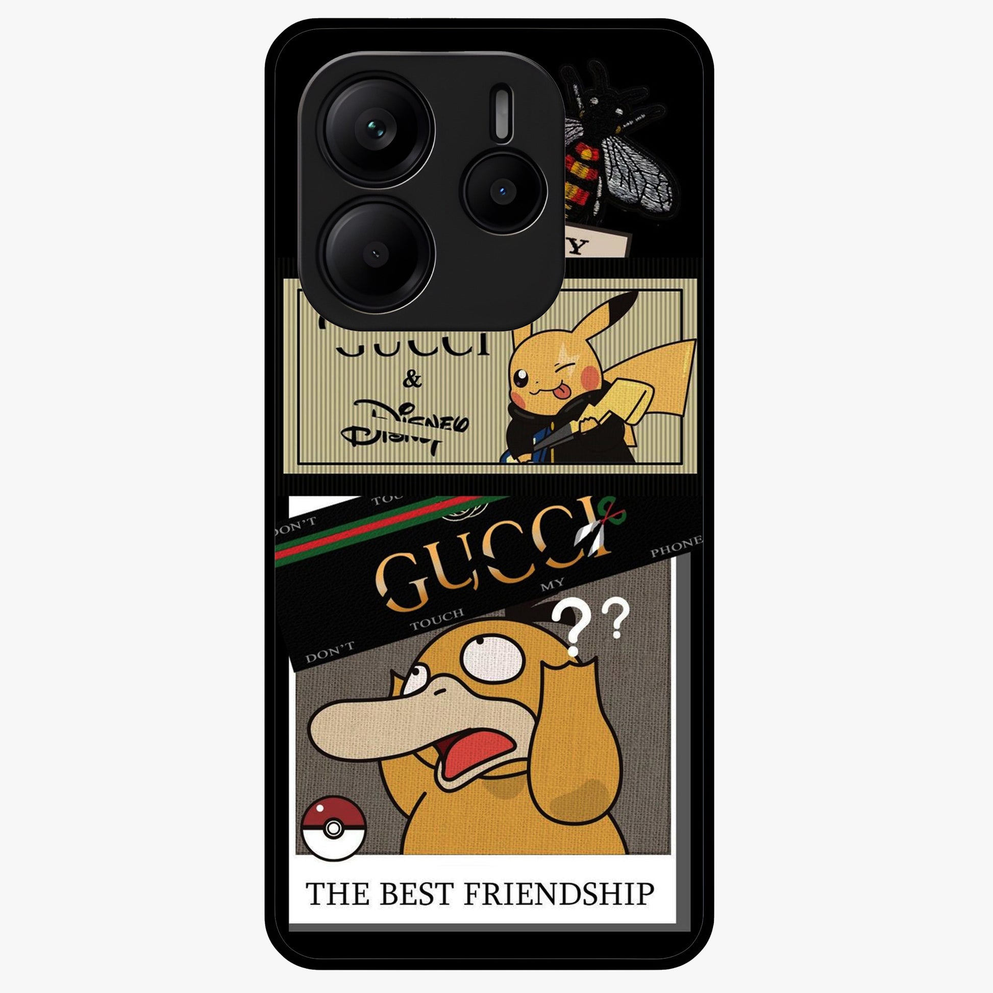 Gucci Play Mashup Glass Case showing flat back view with luxury inspired graphic artwork and glossy glass finish.