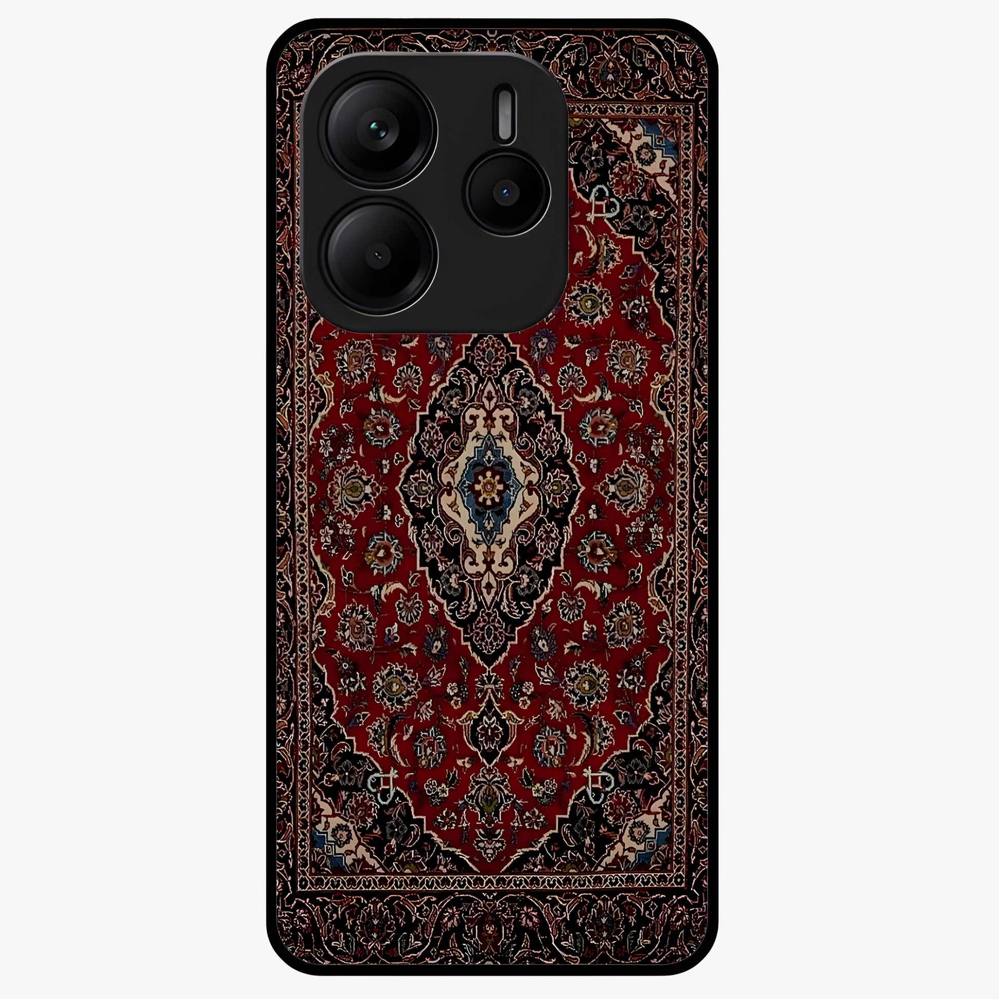 Heritage Carpet Royale Glass Case showing flat back view with ornate Persian carpet inspired pattern and glossy glass finish.