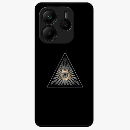 Illuminati Evil Glass Case showing flat back view with mysterious illuminati symbol artwork and glossy glass finish.