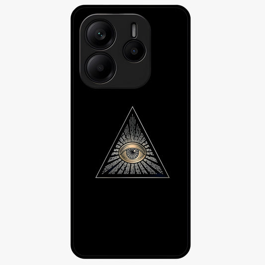 Illuminati Evil Glass Case showing flat back view with mysterious illuminati symbol artwork and glossy glass finish.