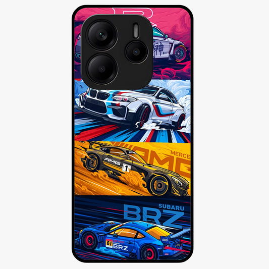 JDM Sports Car Glass Case showing flat back view with high performance sports car artwork and glossy glass finish.