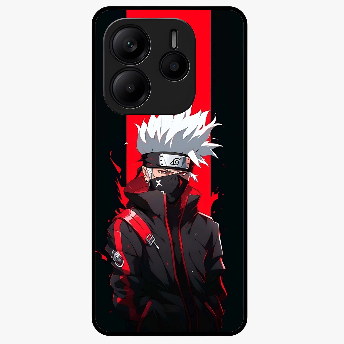 Kakashi Scarlet Shadow Glass Case showing flat back view with powerful anime ninja artwork and glossy glass finish.