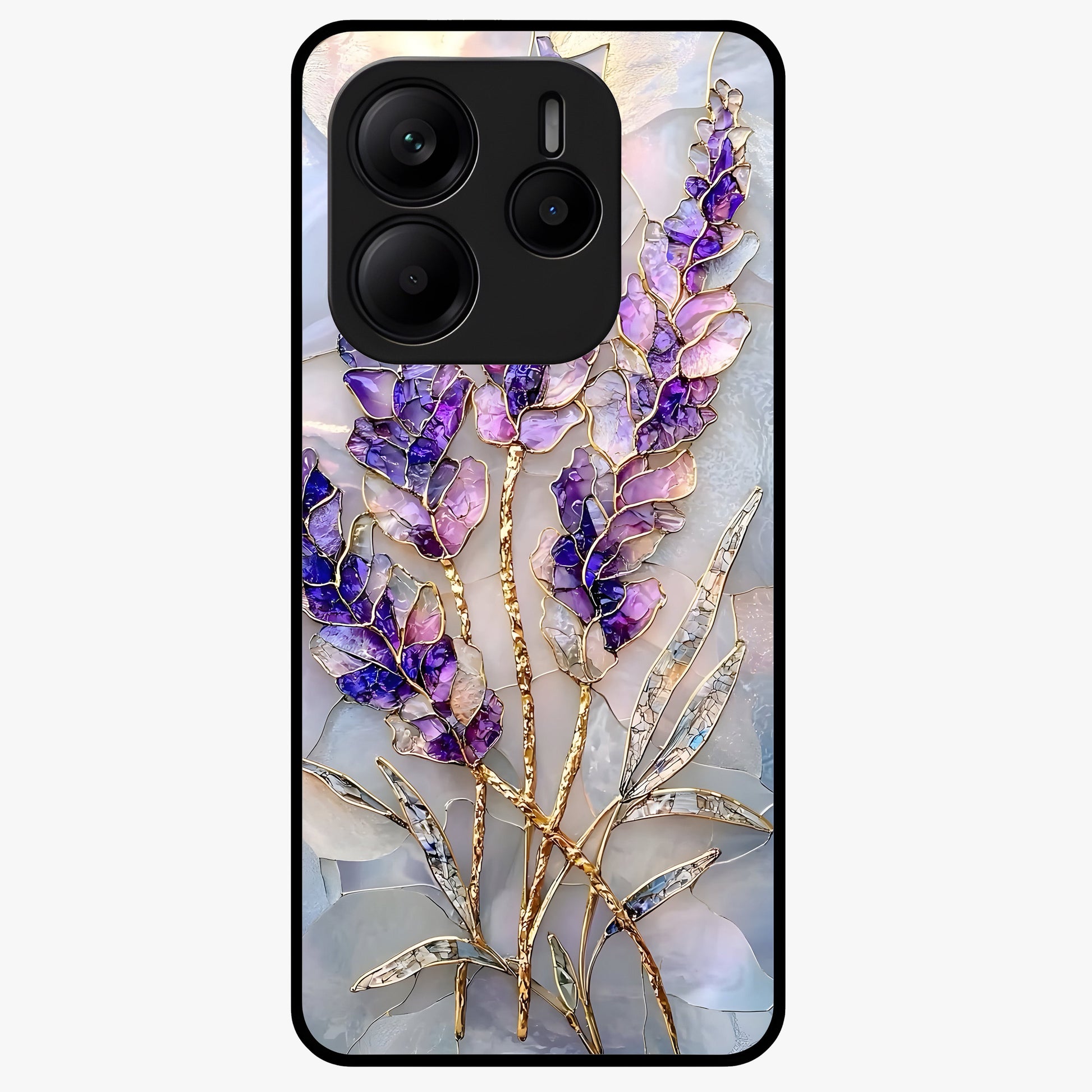 Lavender Dream Glow Glass Case showing flat back view with glowing lavender aesthetic artwork and glossy glass finish.