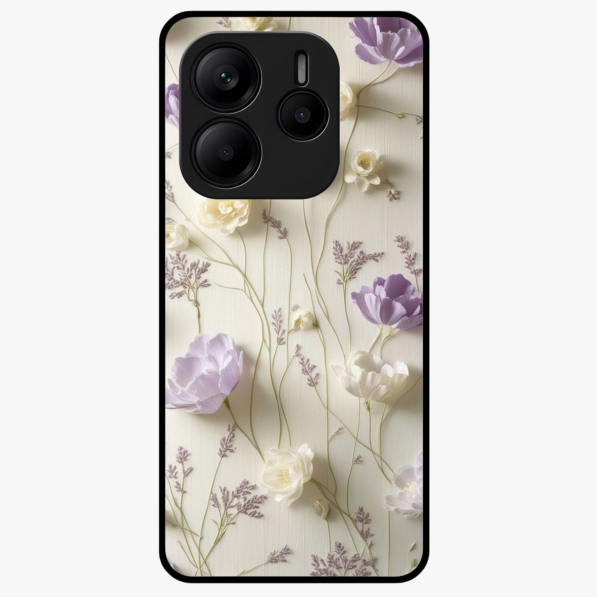 Lilac Breeze Harmony Glass Case showing flat back view with soft lilac themed artwork and glossy glass finish.