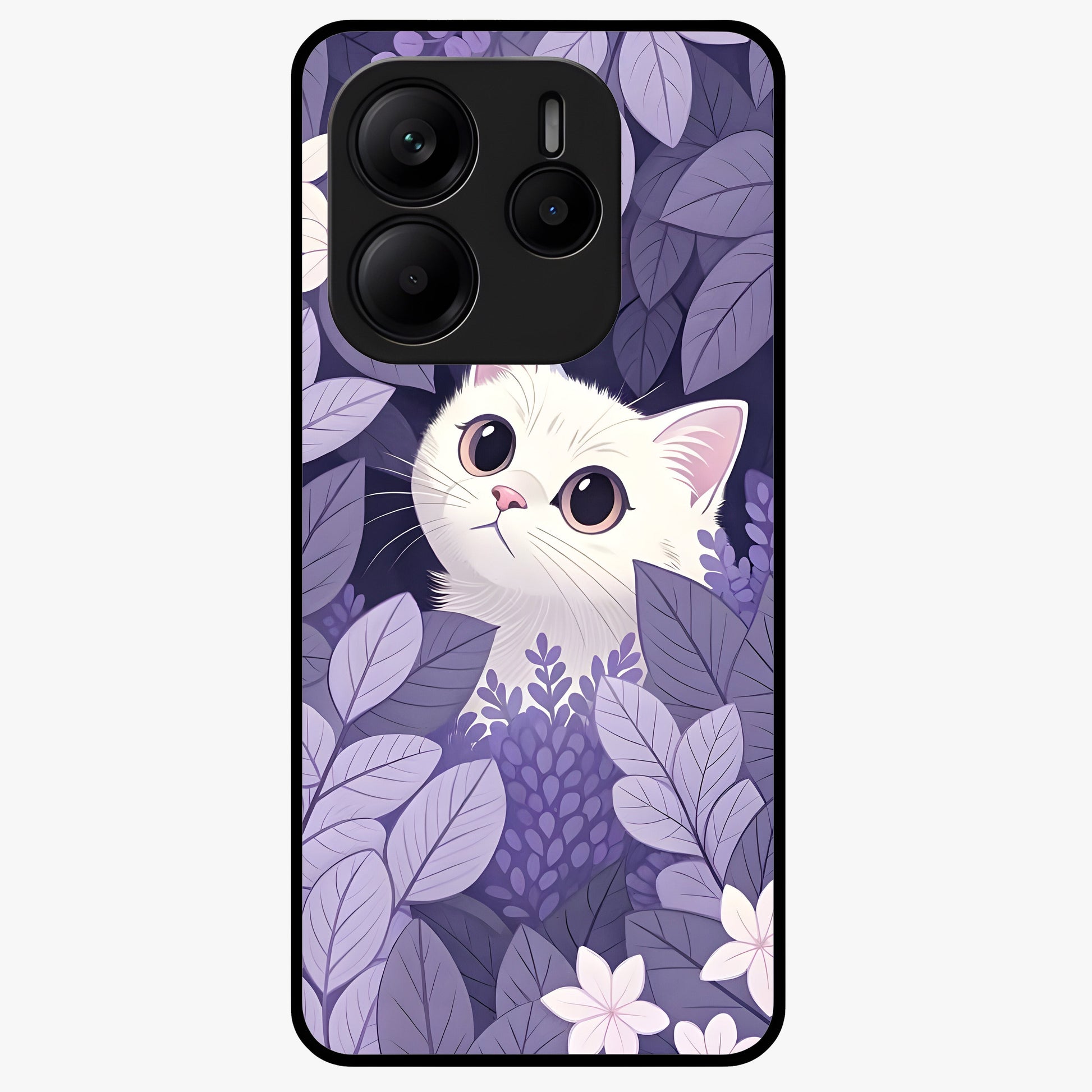 Lilac Hide Peek Cat Glass Case showing flat back view with cute peeking cat artwork and glossy glass finish.