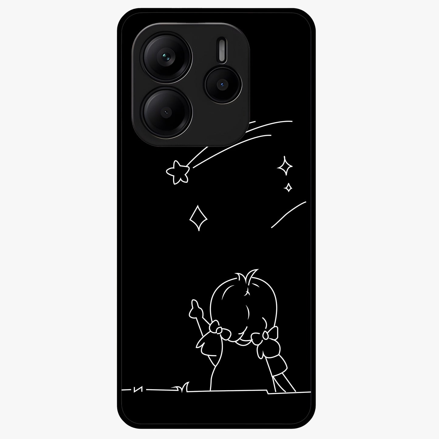 Line Art Girl With Shooting Stars Glass Case showing flat back view with minimal line art girl and shooting stars illustration and glossy glass finish.
