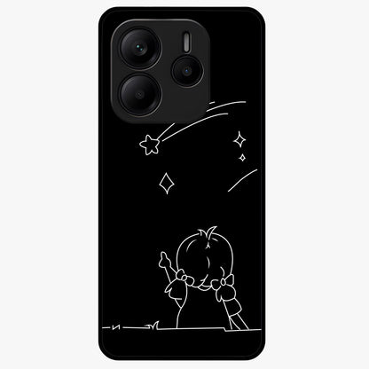 Line Art Girl With Shooting Stars Glass Case showing flat back view with minimal line art girl and shooting stars illustration and glossy glass finish.