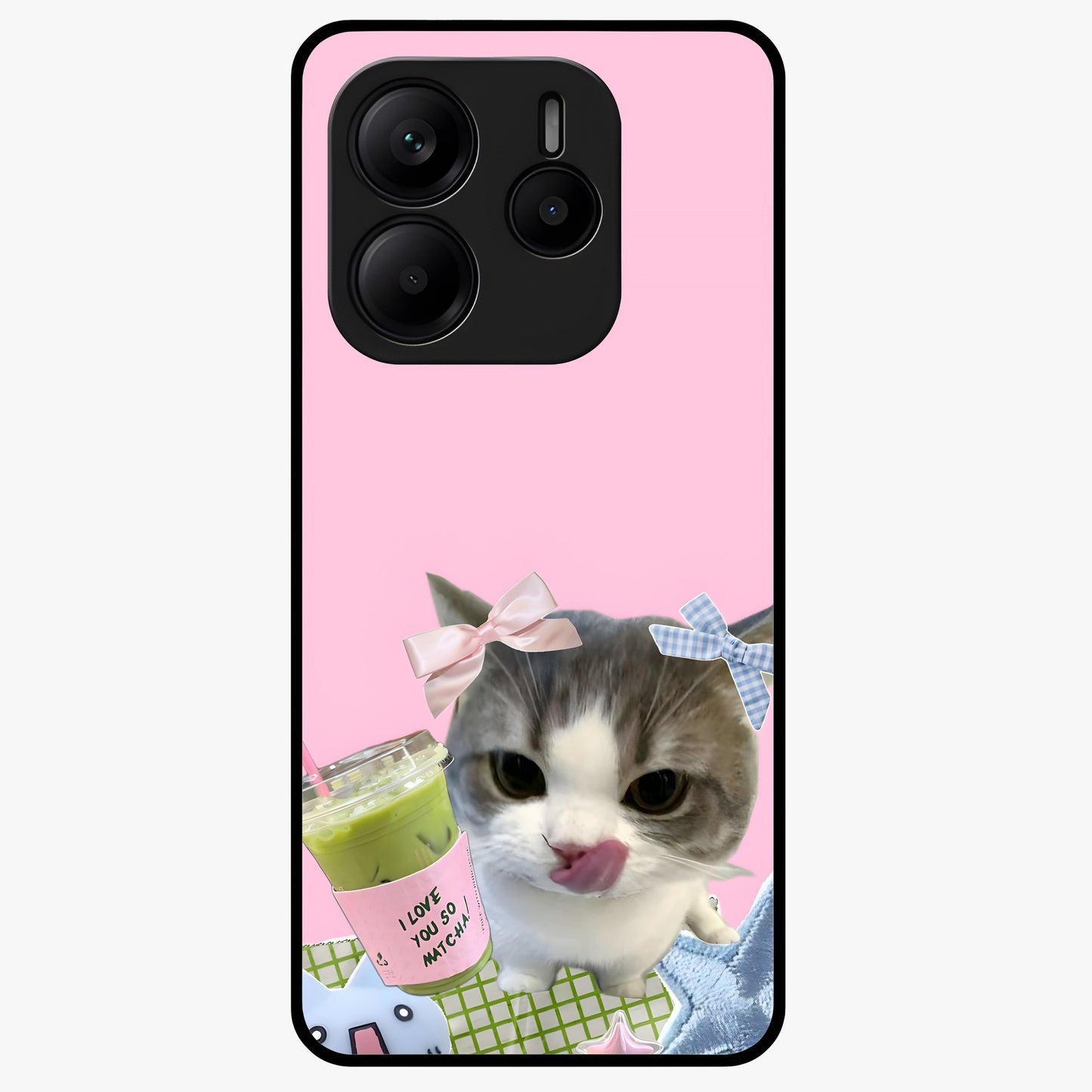 Love Matcha Cat Glass Case showing flat back view with cute cat and matcha themed artwork and glossy glass finish.