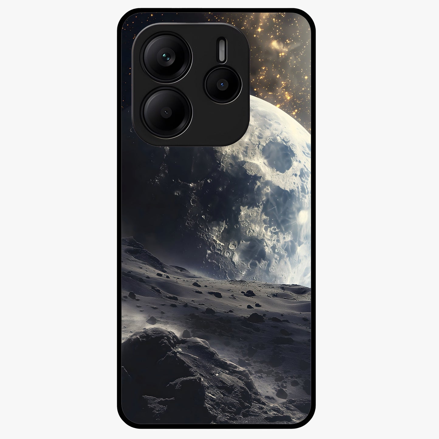 Lunar Horizon Glow Glass Case showing flat back view with glowing moon horizon artwork and glossy glass finish.