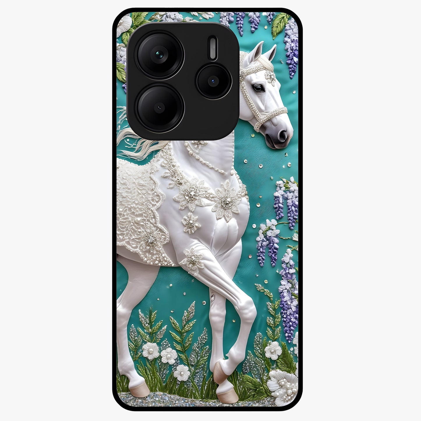 Majestic Floral Stallion Glass Case showing flat back view with powerful horse and floral artwork and glossy glass finish.