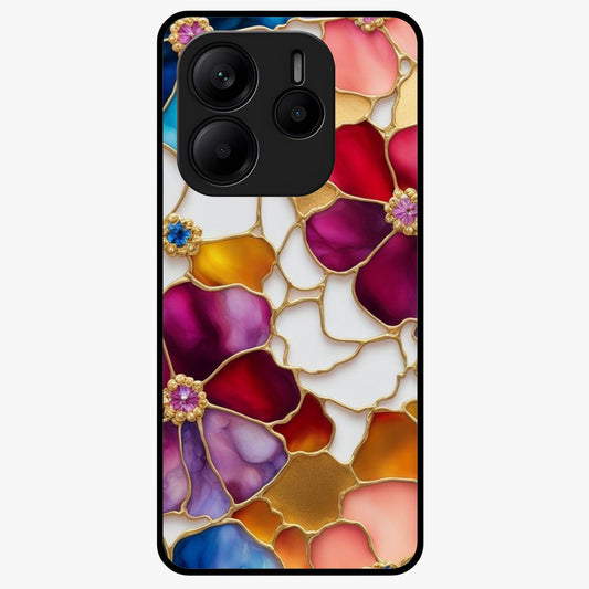 Marble Flower Pattern Glass Case showing flat back view with marble texture floral artwork and glossy glass finish.