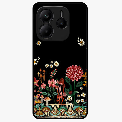 Midnight Bloom Pattern Glass Case showing flat back view with dark floral pattern artwork and glossy glass finish.