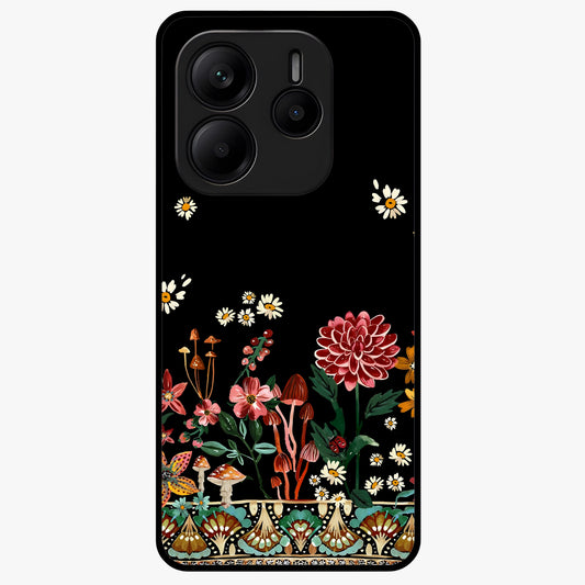 Midnight Bloom Pattern Glass Case showing flat back view with dark floral pattern artwork and glossy glass finish.