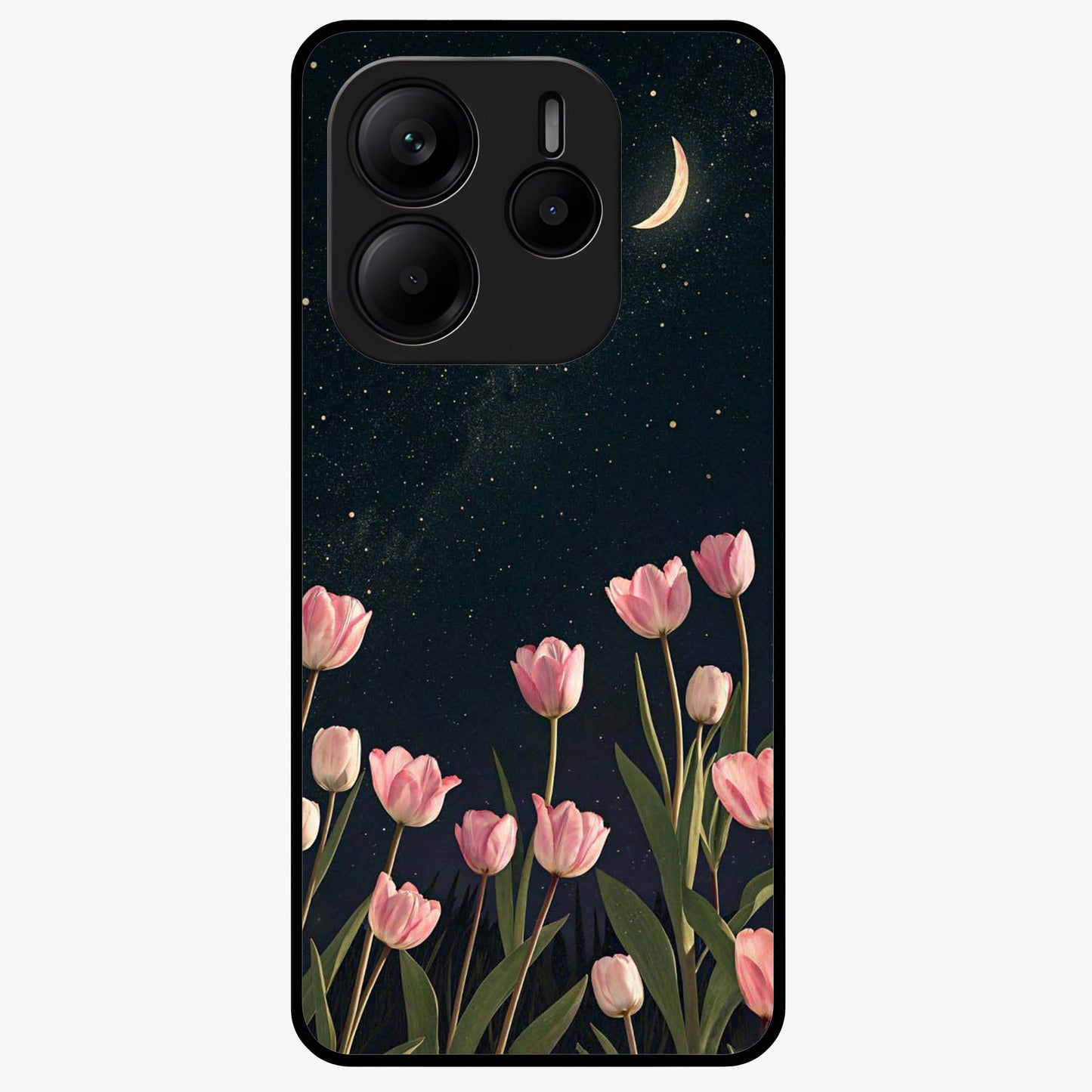 Midnight Tulip Whispers Vibe Glass Case showing flat back view with elegant tulip flower artwork and glossy glass finish.